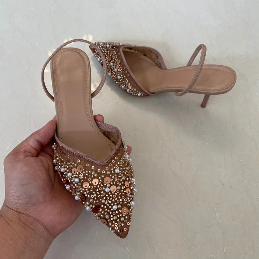 New Beaded Mesh Slingback High Heels For Women Luxury Pointed toe Heeled Pumps Office Lady Pumps Summer Stiletto Shoe Sandals