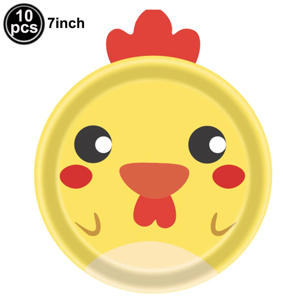 10pcs Farm Animals Party Paper Plates Cock Pig Cow Sheep Disposable Plates Kids Birthday Decor Cartoon Animals Dinnerware Plates