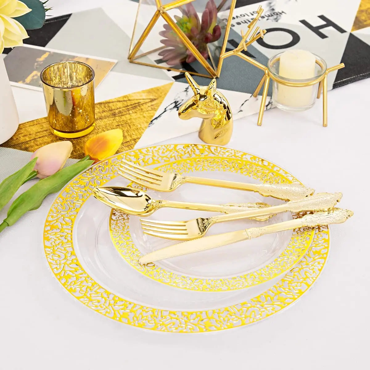 Gold Plastic Plates-Clear Plastic Party Plates, Premium Heavyweight Disposable Wedding Plates Dinner Plates Desser for holidays
