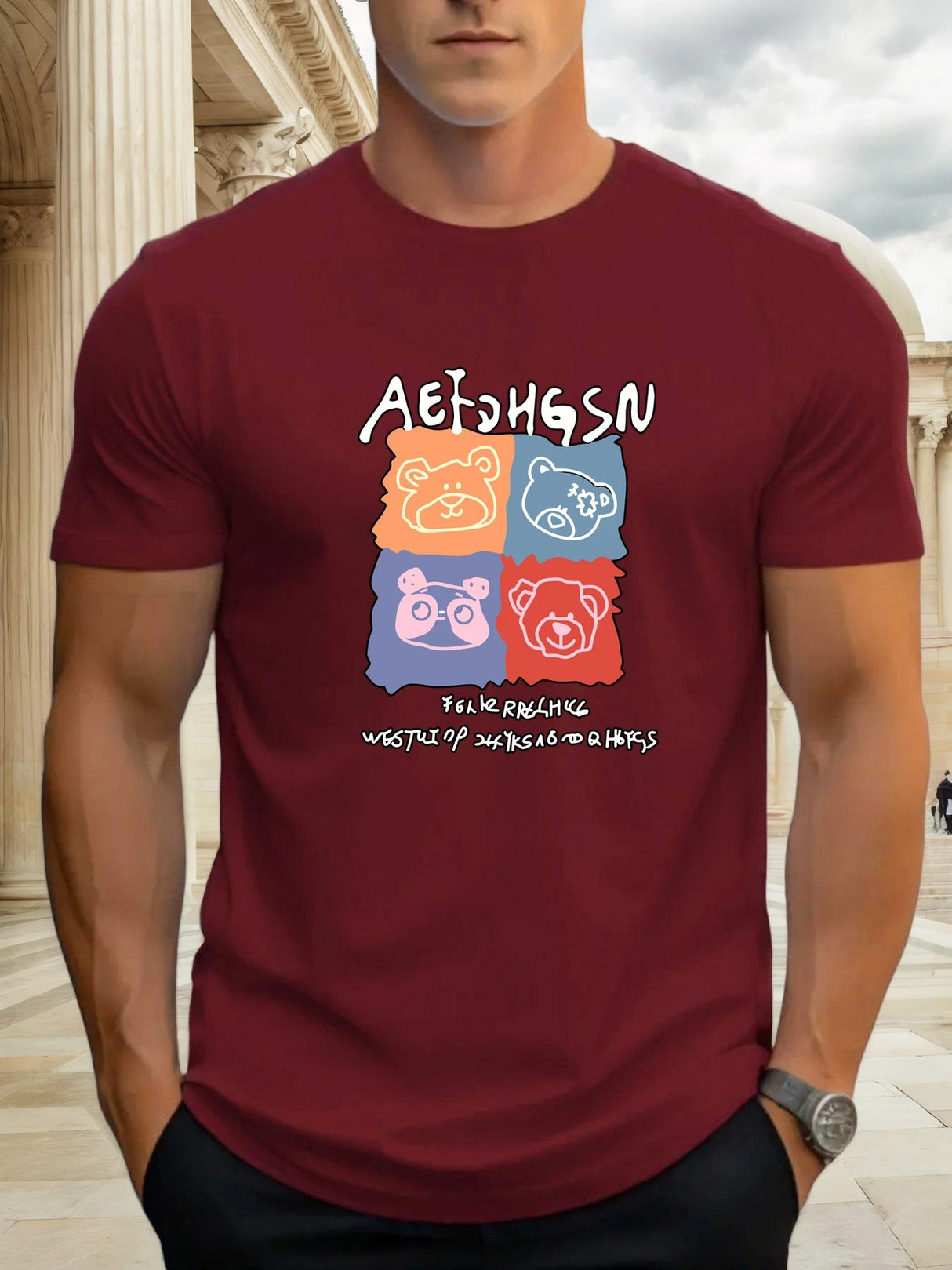 T Shirts For Men Bear 100% Cotton Graphic Printing Summer Round Neck T-Shirt Casual Breathable Street Style Daily Top
