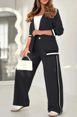 Pant Sets Women Wide Leg Pants Two Piece Set Button Coats Matching Sets Patchwork High Waist Elegant Trousers Pockets Sporty