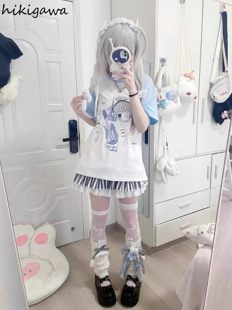 2025 Ropa Mujer Japanese Tshirts for Women Oversized Tops Patchwork Summer Tees Anime Print Casual T Shirt Fashion Y2k T-shirts