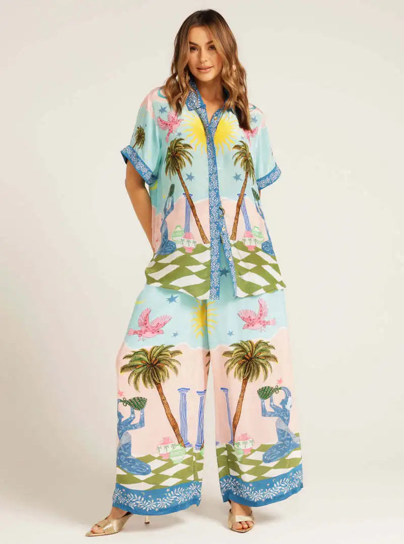 Pants Sets For Women 2025 Summer Fashion Printed Half Sleeve Shirt Suits Casual Loose High Waisted Female Wide Leg Pants Outfits