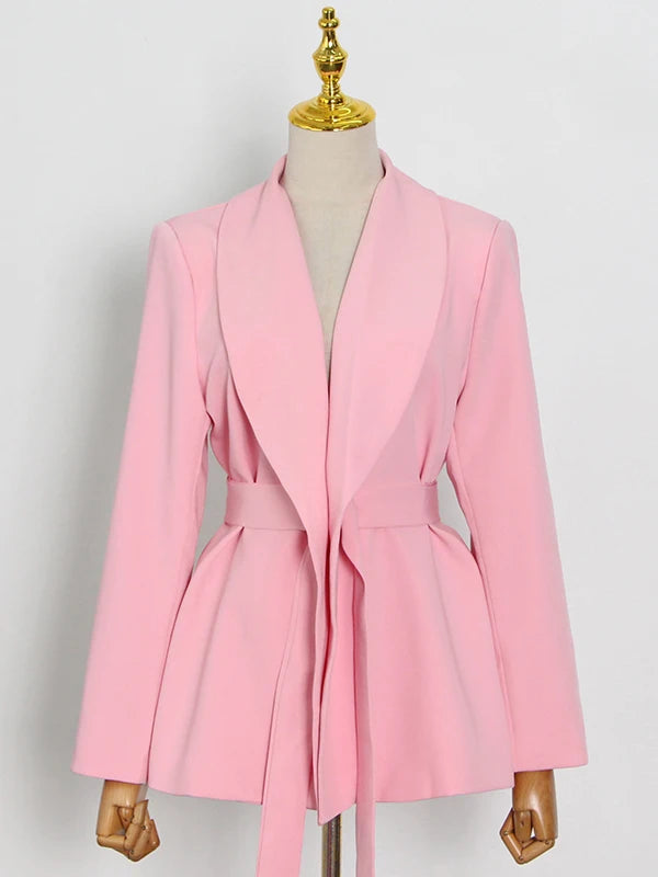 TWOTWINSTYLE Elegant White Blazer For Women Notched Long Sleeve Tunic Sashes Solid Minimalist Blazers Female Fashion New Spring