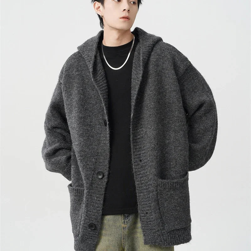 Spring Gray Woollen Knitted Cardigan Hooded Sweater For Men Pockets Korean Fashion Knitwear Jacket Y2K Vintage Jumpers Hombre