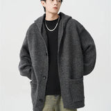 Spring Gray Woollen Knitted Cardigan Hooded Sweater For Men Pockets Korean Fashion Knitwear Jacket Y2K Vintage Jumpers Hombre