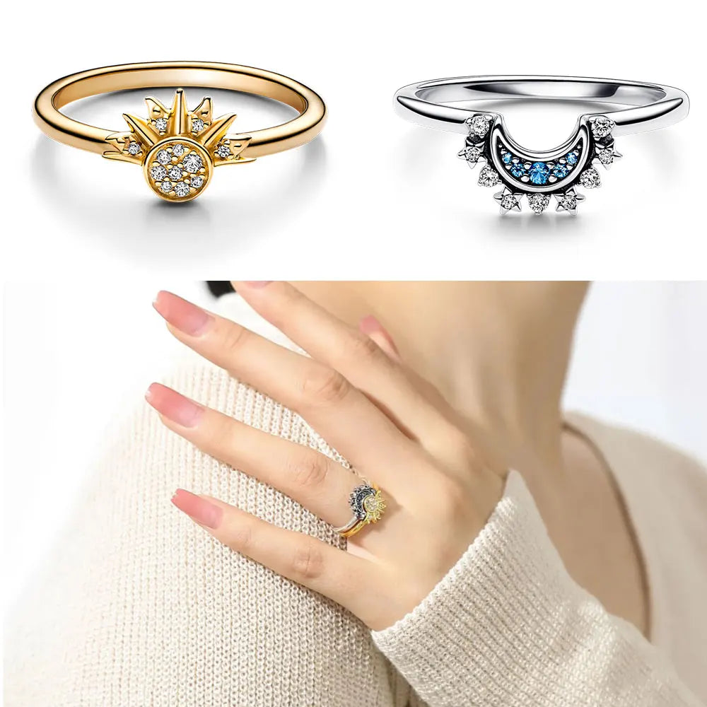 2pc/set Sparkling Ring Riyue Suitable Ring for Women To Wear Fashion Female Sun Moon Star Ring Cubic Zircon Ring for Women Gift