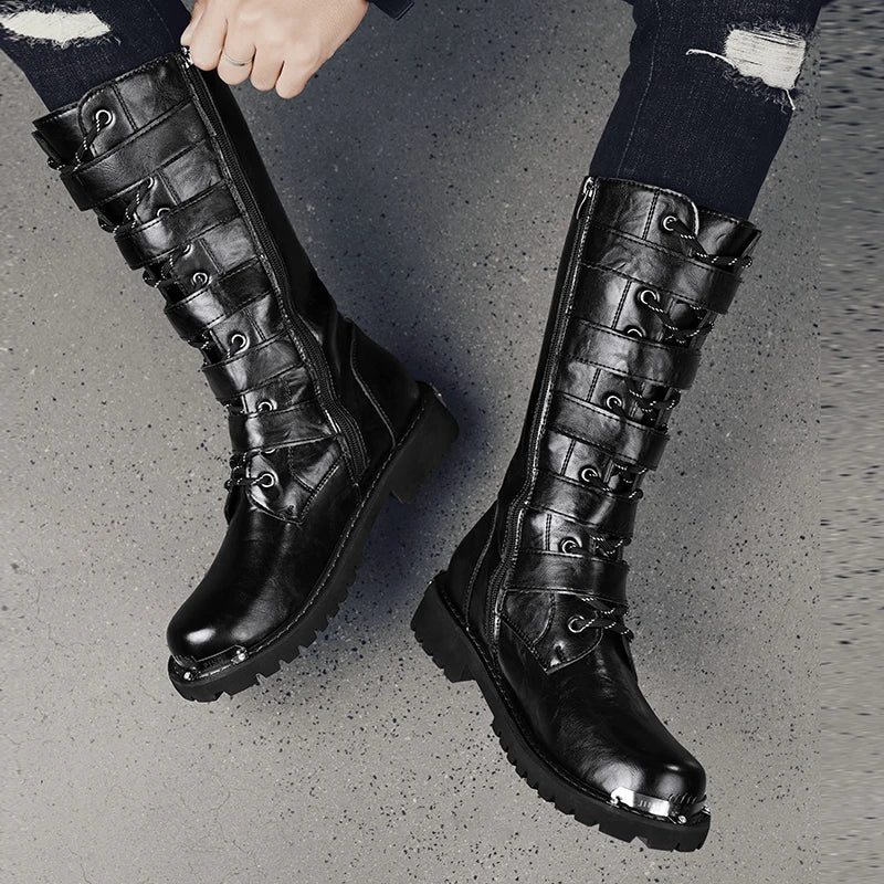2025 High Leather Boots Men Black Boots Gothic Punk Motorcycle Boots Men Big Size 46 Comfy Platform Boots for Men Tooling Boots