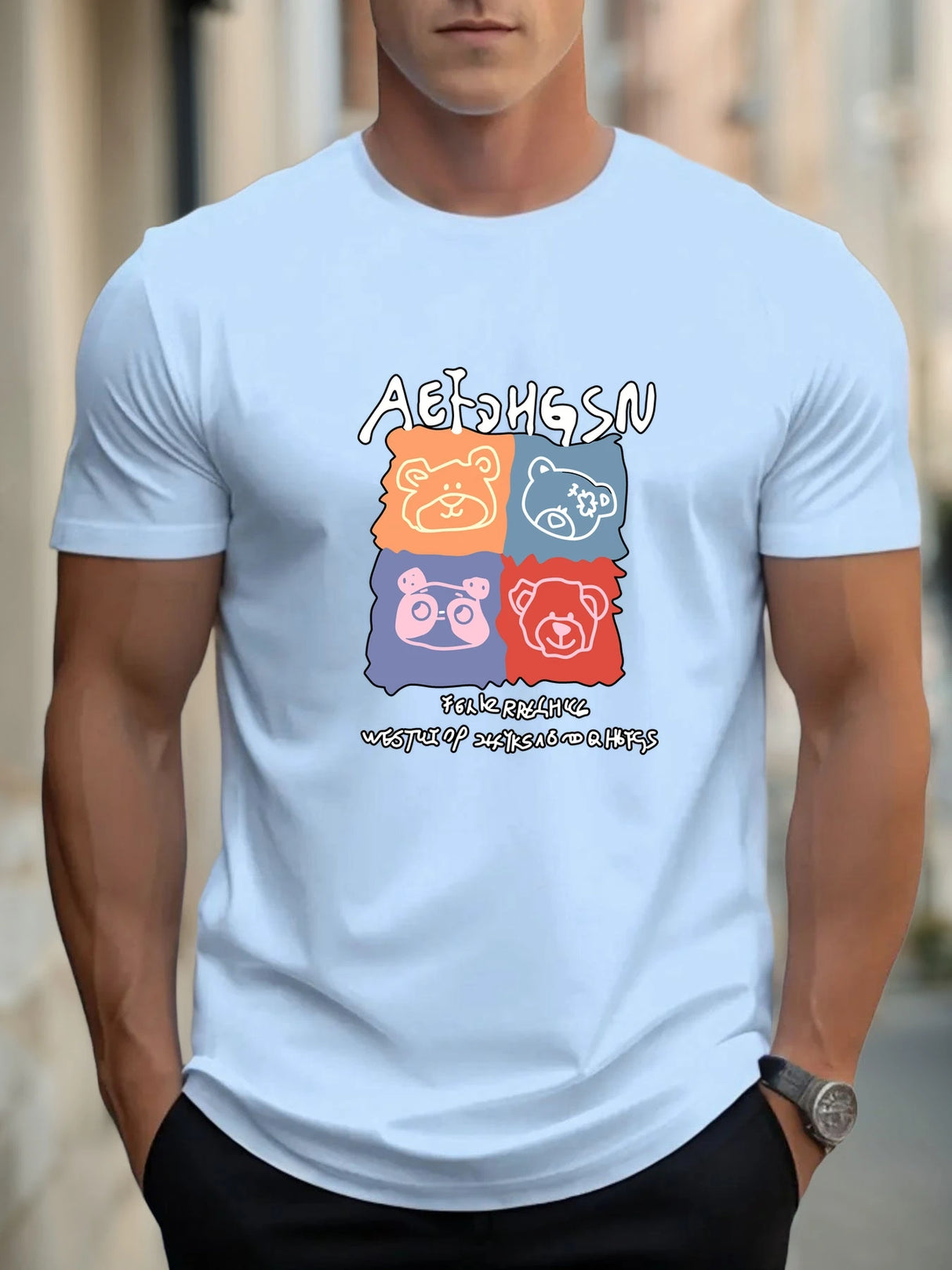 T Shirts For Men Bear 100% Cotton Graphic Printing Summer Round Neck T-Shirt Casual Breathable Street Style Daily Top
