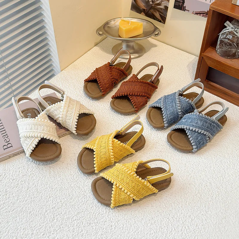 Girls Sandals Weave Retro Ins Trendy Kids Beach Shoes Korean Style 2025 Summer New Children Casual Shoes Slippers Non-slip