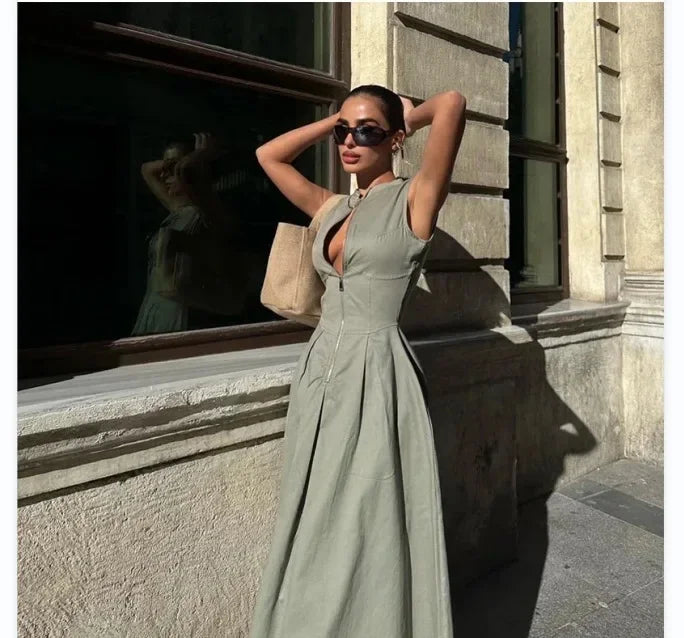 Women's Dress Sleeveless V-Neck Casual Waist-Fitted Zipper