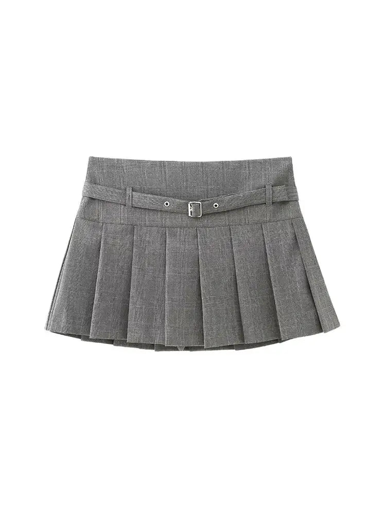 TRZA-Pleated Shorts Skirts for Women, With Belt,Side Zipper, Mid Waist, Female Skort,Fashion