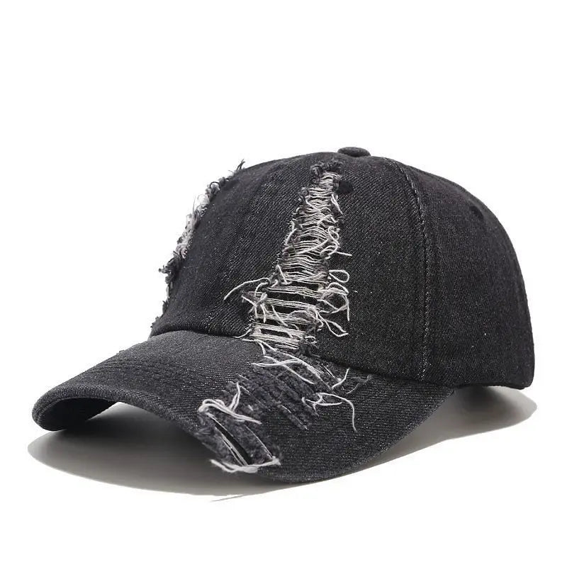 Baseball cap for men in spring and summer, fashionable European and American washed hole denim duckbill cap, outdoor casual sun