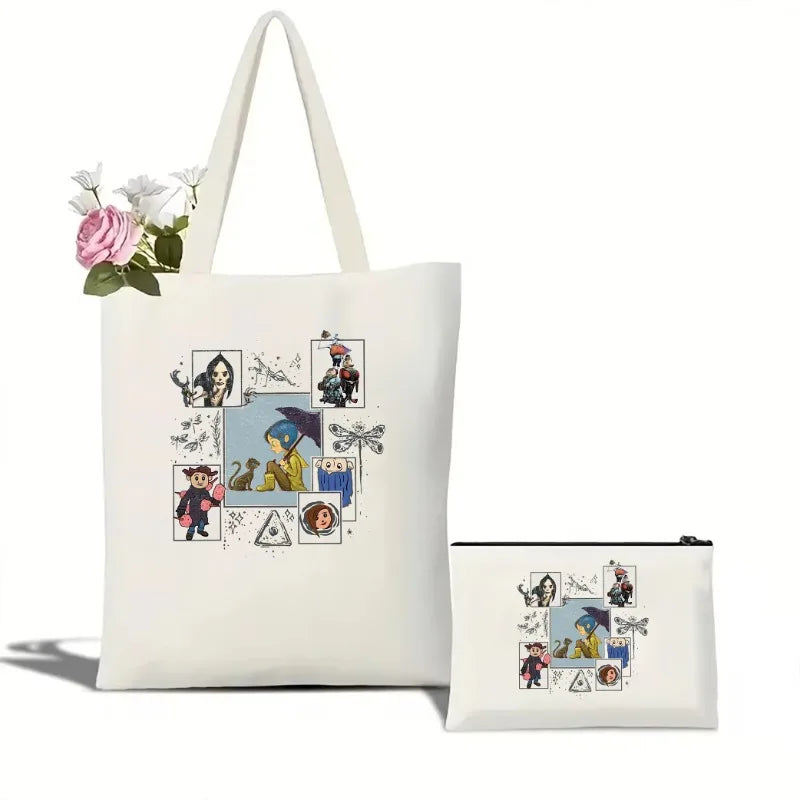 Coraline Movie Tote Bag Halloween Canvas Bag Horror Movie Fantasy Shoulder Bag Film Tote Bag Coraline Cartoon Character Tote Bag