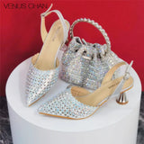Popularity Pointed Toe Heels for Women 2024 Elegant Party Golden Color Full Diamond Pumps Italian Shoes and Bags Matching Set