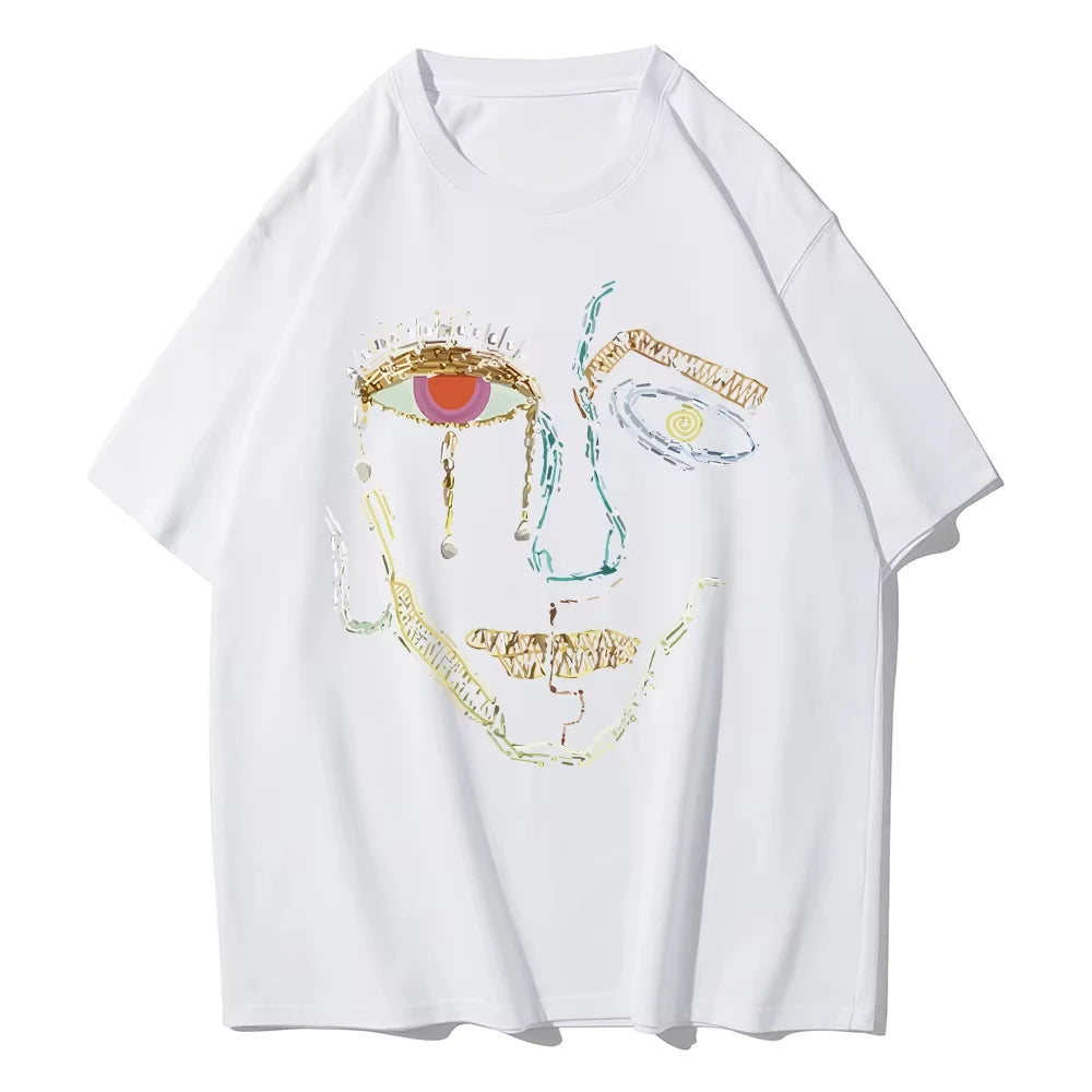 T-Shirts for Women Color Graffiti Women's Face Printing Clothes Street Fashion Tops Loose Casual Short Sleeve Tees Y2k Top