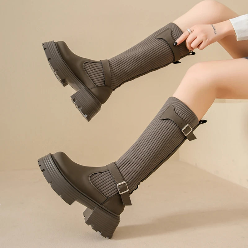 Long Boots Women New Knitted Elastic Boots Retro Thick-soled Women's High Boots Knee-length Boots Elegant Boots and Women shoes