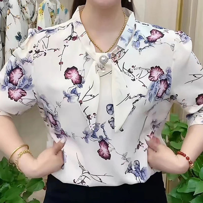 New Lady Casual Half Sleeve Bow Tie Collar Printed Blouses Tops Women Spring Summer Style Chiffon Blouses Shirts