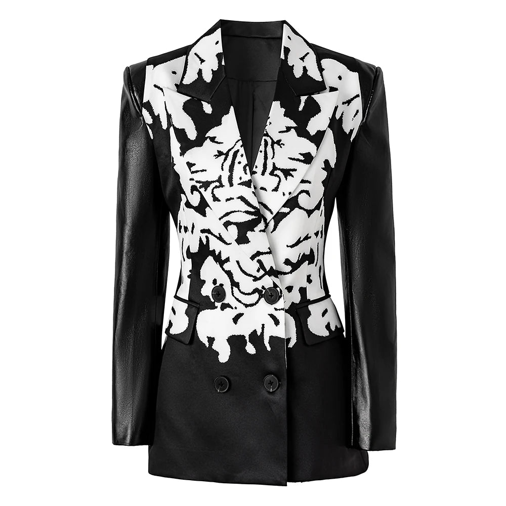 2025 New Designed Fashion Pu Patchwork Floral Office Wear Slim Blazer For Women Ladies