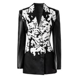 2025 New Designed Fashion Pu Patchwork Floral Office Wear Slim Blazer For Women Ladies
