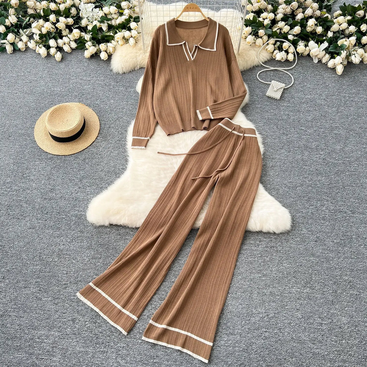 Pant Set Women Two Piece Sets Full Sleeve Turn Down Collar Tops Wide Leg Long Pants Y2k Streetwear Work High Waist Autumn Winter