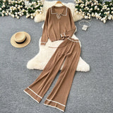 Pant Set Women Two Piece Sets Full Sleeve Turn Down Collar Tops Wide Leg Long Pants Y2k Streetwear Work High Waist Autumn Winter