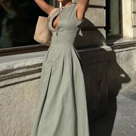 Women's Dress Sleeveless V-Neck Casual Waist-Fitted Zipper
