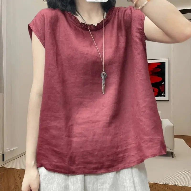 Sleeveless Blouse for Women New Summer Style Round Neck Design Fashionable Loose Thin Top