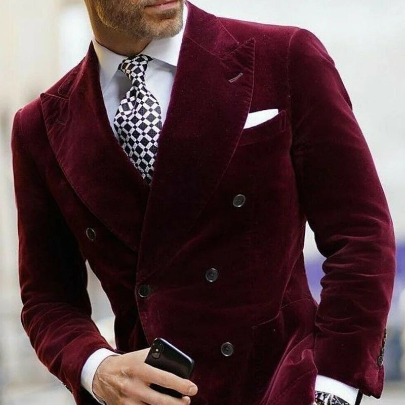 Green/Black Velvet Blazer for Men with Peak Lapel Double Breasted Dinner Jacket Elegant Smoking Suit Wedding Coat