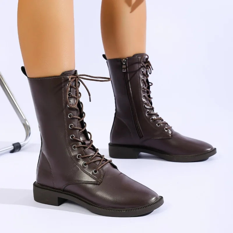 Women's Fall Winter 2025 Thick Leg Lace-Up Mid-Tube Boots