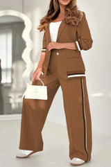 Pant Sets Women Wide Leg Pants Two Piece Set Button Coats Matching Sets Patchwork High Waist Elegant Trousers Pockets Sporty