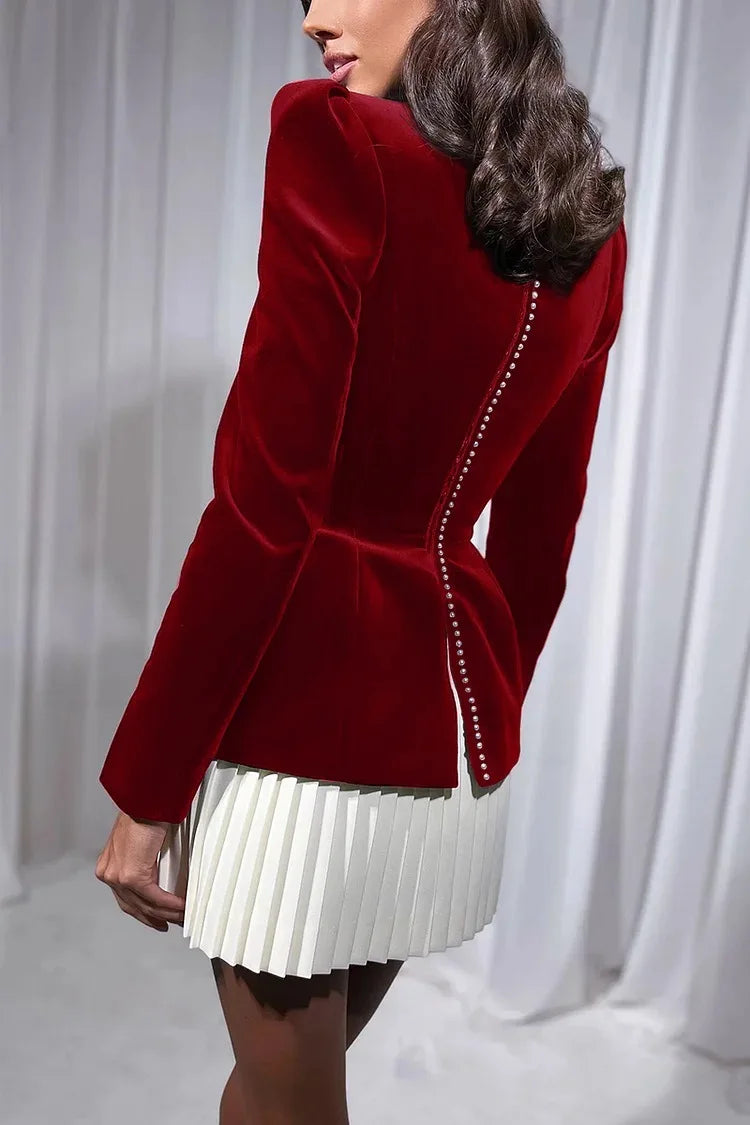 Elegant Velvet Long Sleeve Mini Dress For Women Fashionable Square Neck Pleated High Waist Dress For Women Chic Short Robe