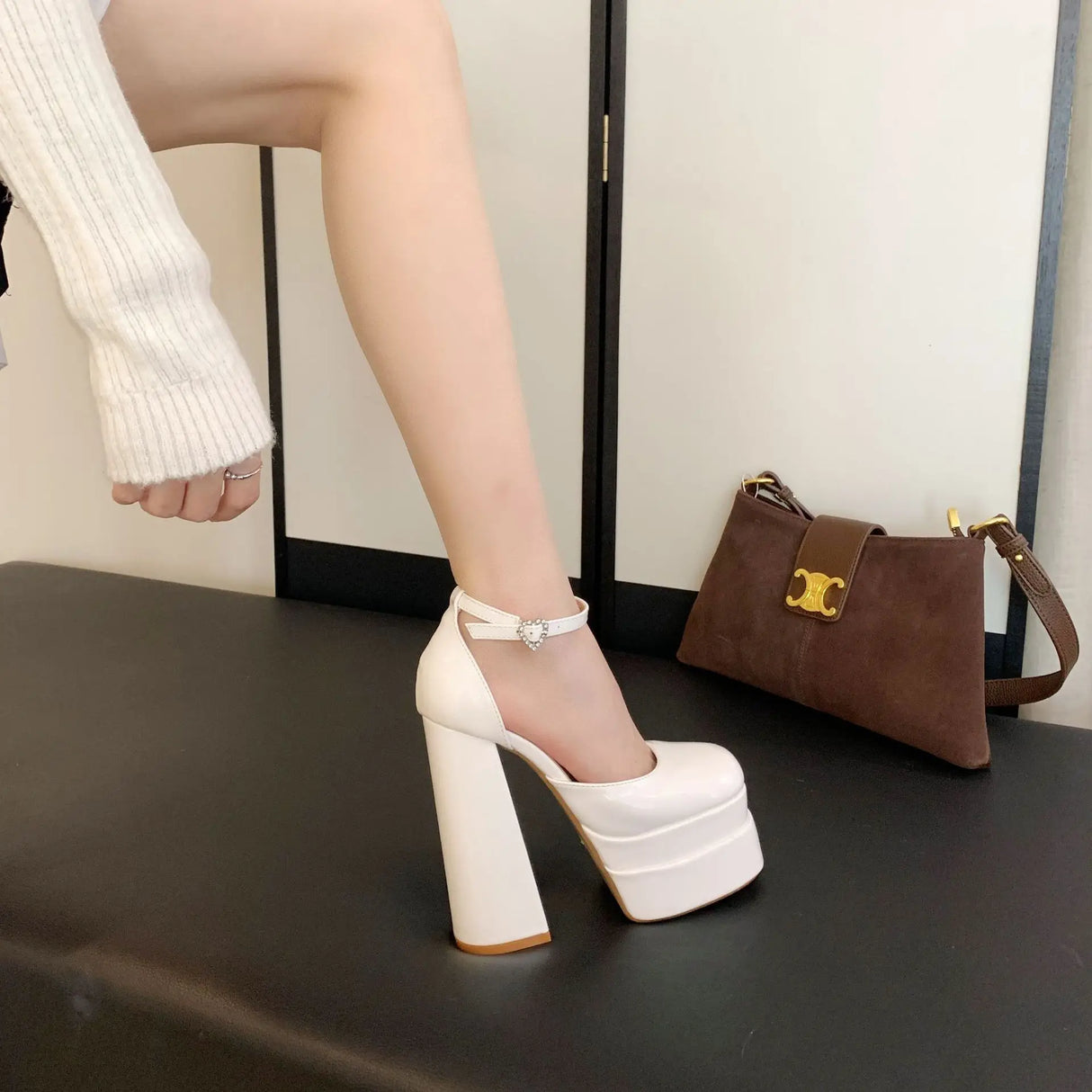 Size 14CM Super High Heels For Women Cozy Black White Leather Peep Toe Party Club Stripper Shoes Platform Pumps