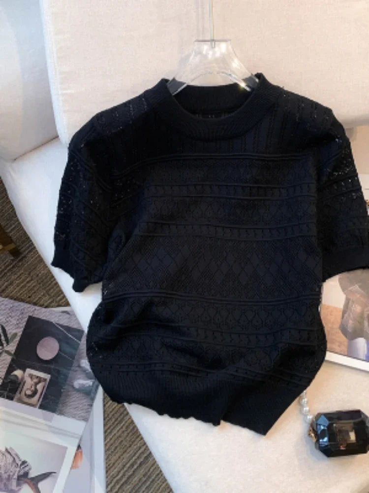 Women's T-Shirts Summer Thin Hollow Out Crew Neck Pullover Sweater Versatile Short Sleeve Knitted Top Women's Clothing