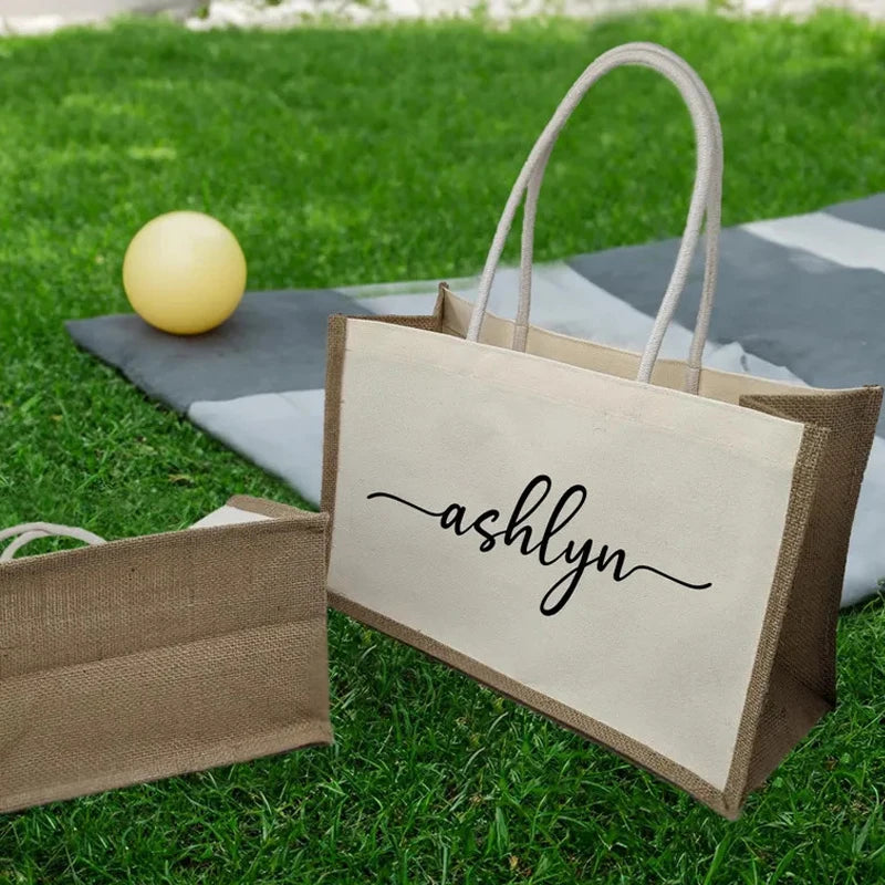 Personalized Bridesmaid Burlap Gift Tote Bags with Handles Bride Beach Reusable Grocery Christmas Wedding Welcome Jute Tote Bags