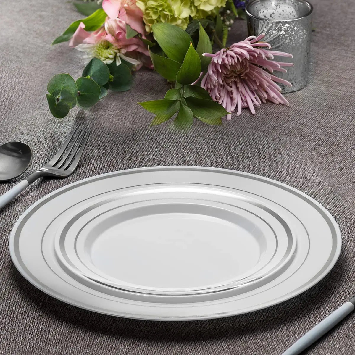 25/10PCS Silver Plastic Plates-Disposable Plastic Plates with Silver Rim- Wedding Party Plates Dinner Plates /Salad Plates