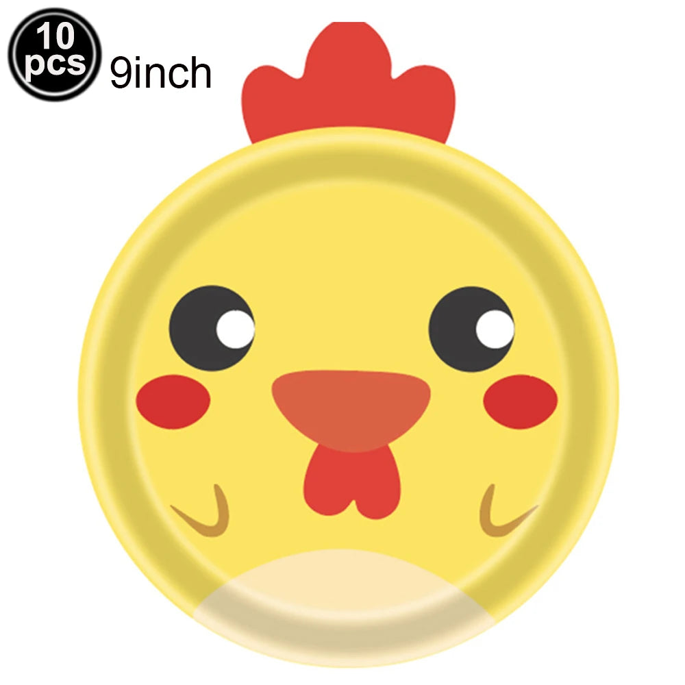 10pcs Farm Animals Party Paper Plates Cock Pig Cow Sheep Disposable Plates Kids Birthday Decor Cartoon Animals Dinnerware Plates