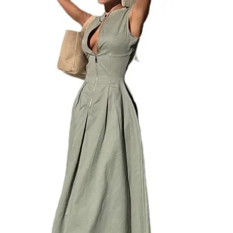 Women's Dress Sleeveless V-Neck Casual Waist-Fitted Zipper
