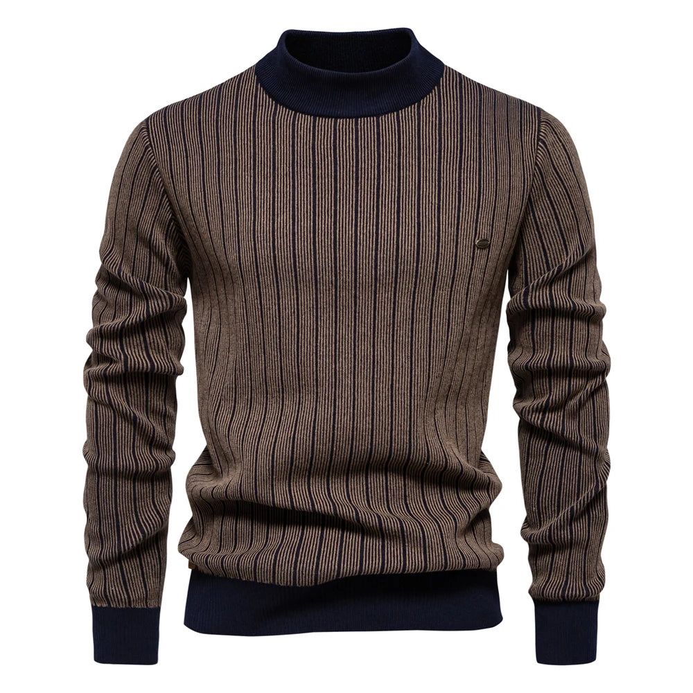 AIOPESON New Design Mens Mock Neck Cotton Pullover Sweaters Autumn Winter Warm Stripped Sweater for Men