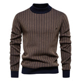 AIOPESON New Design Mens Mock Neck Cotton Pullover Sweaters Autumn Winter Warm Stripped Sweater for Men