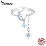BAMOER 925 Sterling Silver Opal Star and Moon Chain Double Layer Ring for Women Wedding Adjustable Ring for Women Fine Jewelry