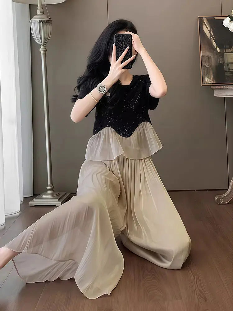 Pant Sets for Women 2 Pieces Ruffle Top and Bottom Promotion With Sleeve Luxury Full Outfit Cheap Cozy Trousers Woman Large Size