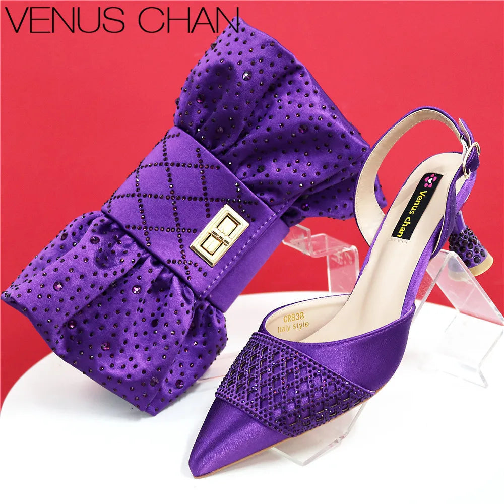 2025 Heel Shoes for Women Hollowed Out Embroidery Rhinestone Italian Design Green Color Pointed-Toe Shoes and Bags Set