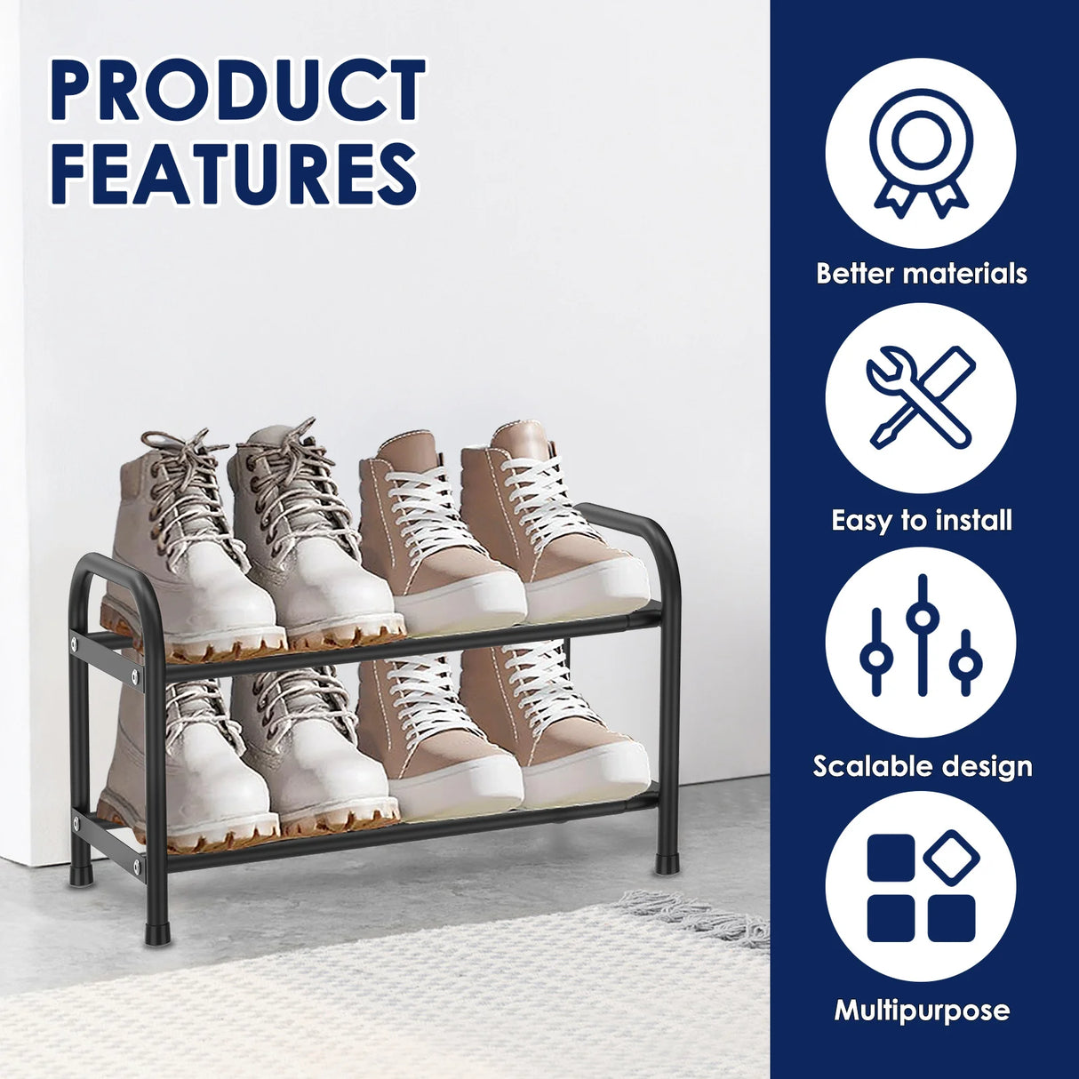 2/3 Tier Shoe Racks Stackable Expandable Shoe Rack Adjustable Metal Shoe Organizer  for Entryway Hallway Front Door Entrance