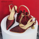 Popularity Pointed Toe Heels for Women 2024 Elegant Party Golden Color Full Diamond Pumps Italian Shoes and Bags Matching Set