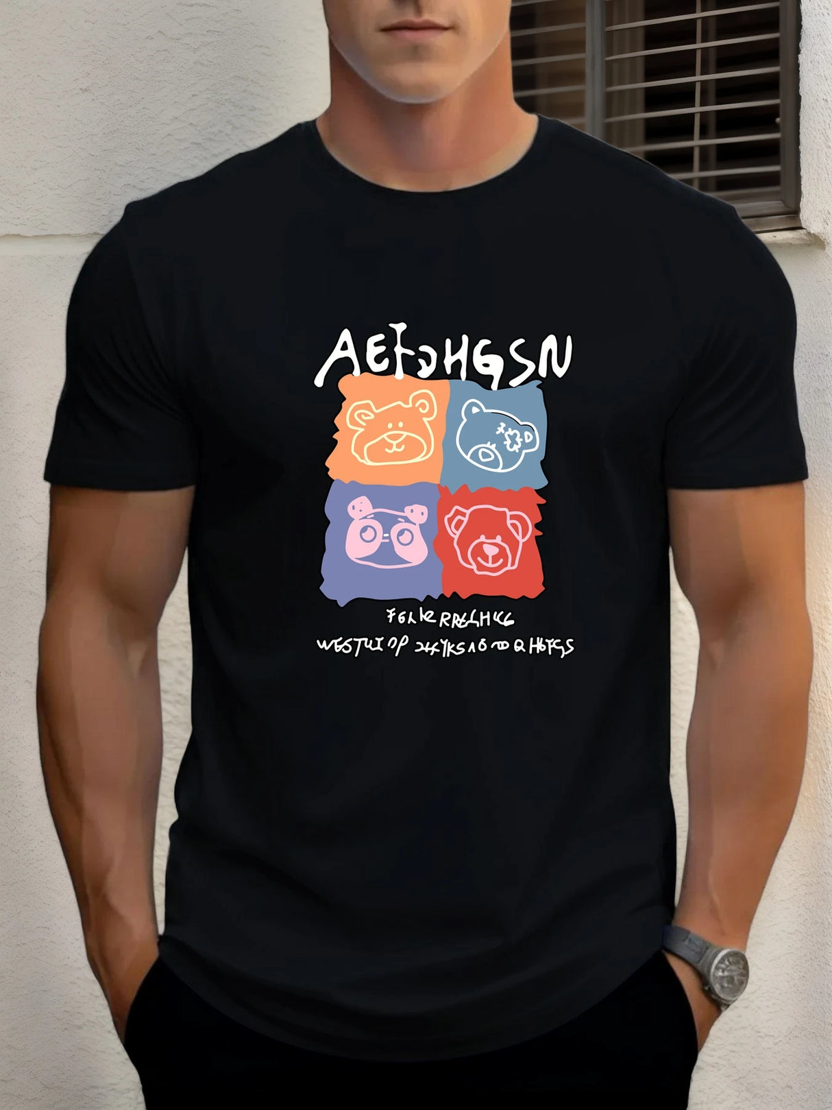 T Shirts For Men Bear 100% Cotton Graphic Printing Summer Round Neck T-Shirt Casual Breathable Street Style Daily Top