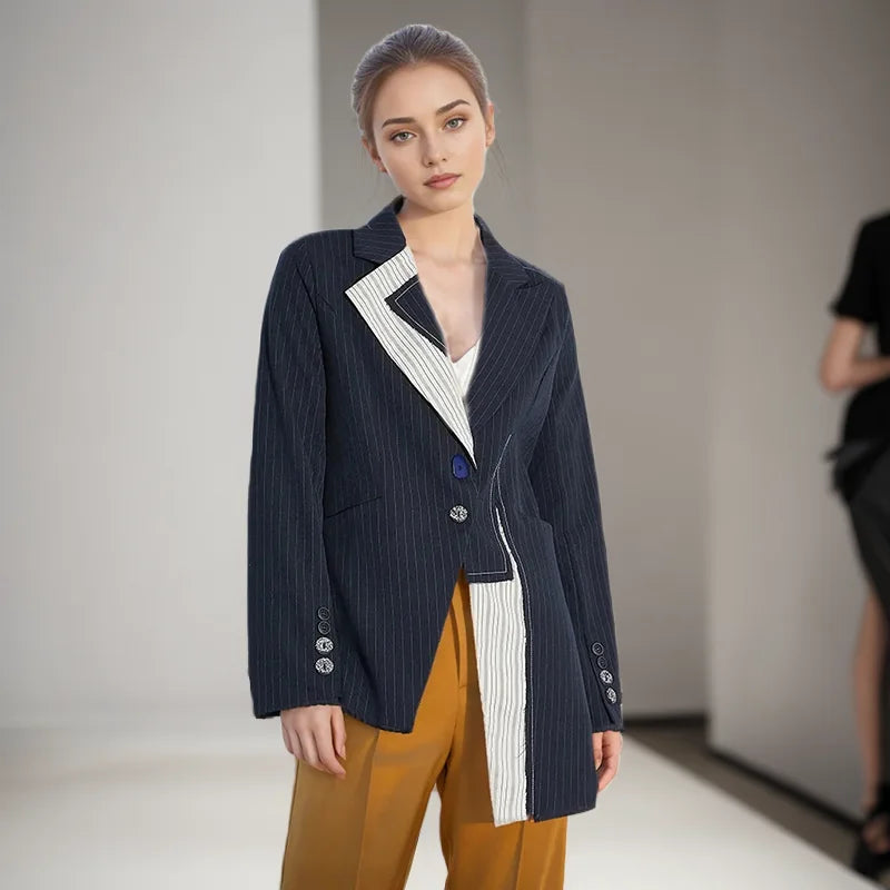 Hit Color Irregular Hem Casual Blazer For Women Notched Long Sleeve Patchwork Button Temperament Blazers Female Fashion New