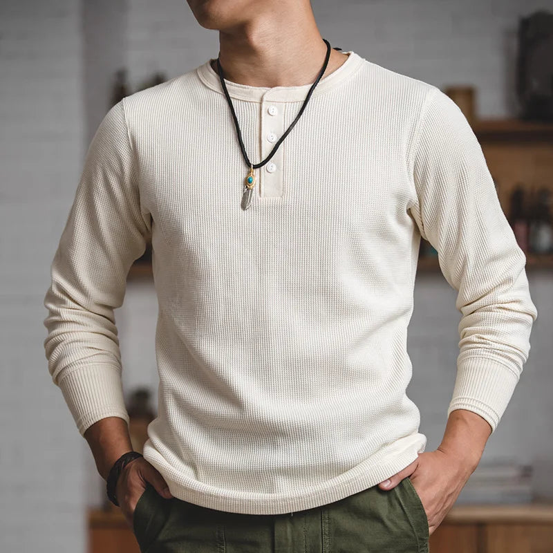 Maden Workwear Vintage Waffle Henry Shirt Vintage Long Sleeve Amekaji Solid Sweater For Men