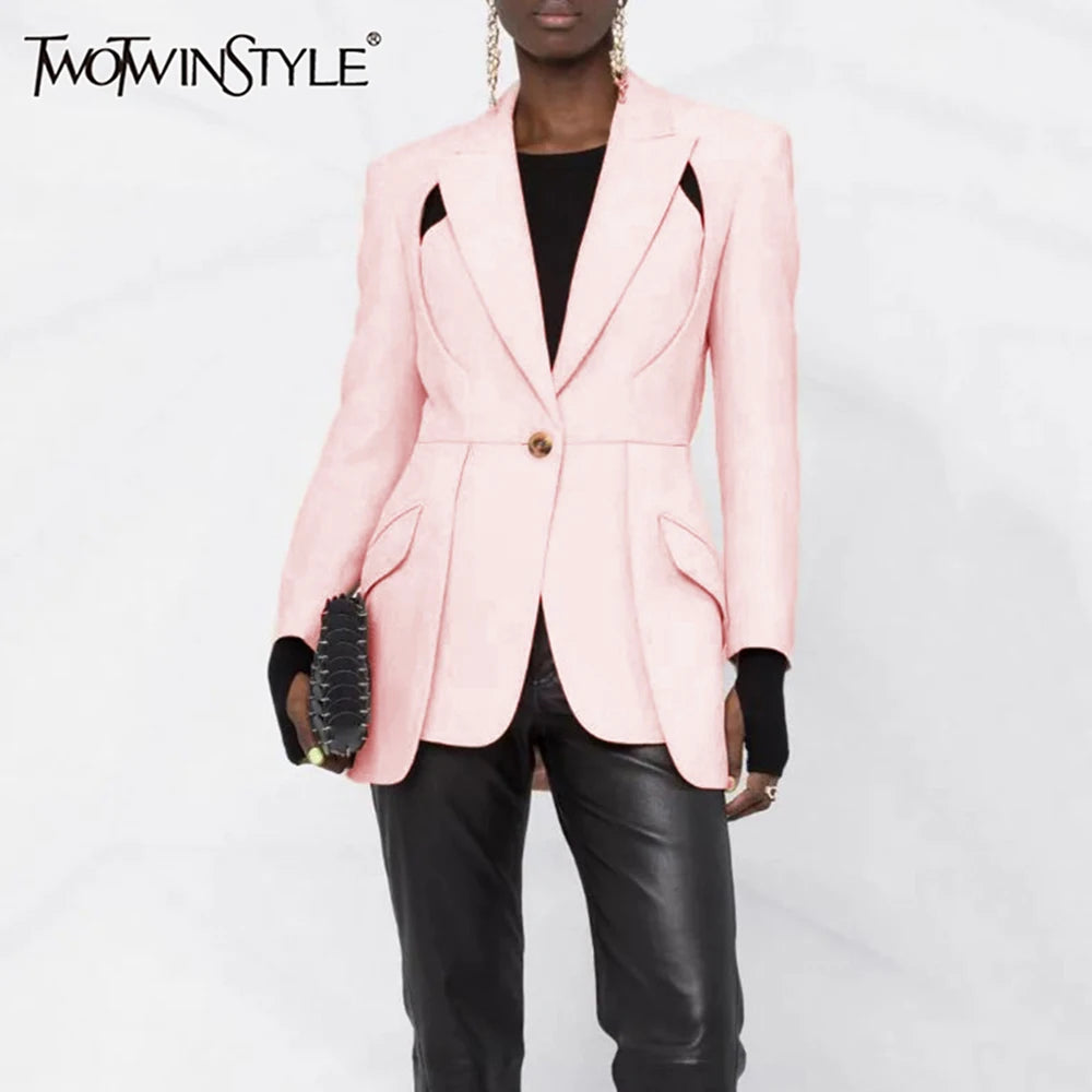 TWOTWINSTYLE Patchwork Button Slim Blazer For Women Notched Collar Long Sleeve Spliced Pockets Hollow Out Designer Coat Female