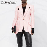 TWOTWINSTYLE Patchwork Button Slim Blazer For Women Notched Collar Long Sleeve Spliced Pockets Hollow Out Designer Coat Female